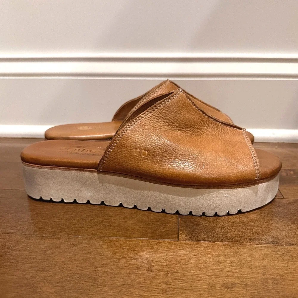Bed Stu Fairlee II Platform Sandals Sz 11 Tan Rustic Leather Clog Slide Elevated